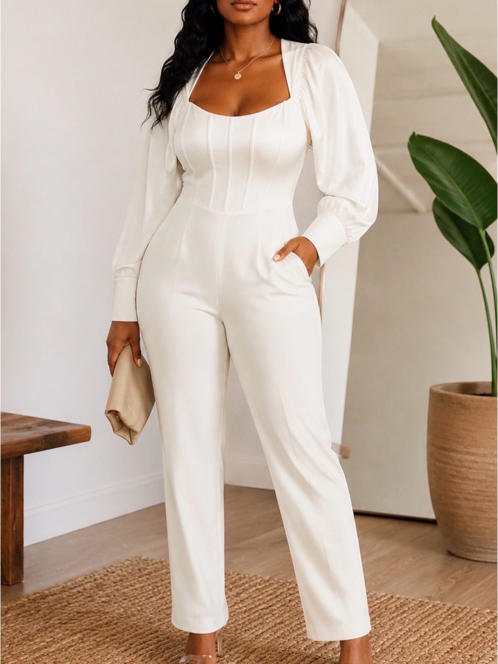 Fashion Nova Cream Puff-Sleeve Jumpsuit
